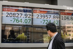 Bảng điện tử thông báo các chỉ số chứng khoán tại Tokyo, Nhật Bản. (Ảnh: AFP/TTXVN)