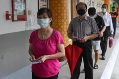 Cử tri xếp hàng chờ bỏ phiếu tại điểm bầu cử Quốc hội ở Singapore ngày 10/7/2020. (Ảnh: AFP/TTXVN)