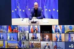 Chủ tịch Hội đồng châu Âu Charles Michel (trên) chủ trì Hội nghị trực tuyến Hội đồng châu Âu tại Brussels, Bỉ ngày 29/10/2020. (Ảnh: AFP/TTXVN)