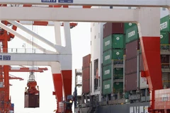 Bốc dỡ container hàng hóa tại cảng ở Tokyo, Nhật Bản. (Ảnh: Kyodo/TTXVN)