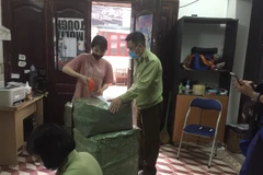 Đội Quản lý thị trường số 15 phối hợp với C03 kiểm tra thuốc tân dược. (Ảnh: PV/Vietnam+)