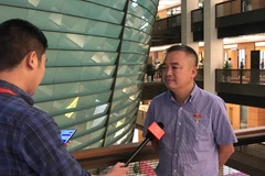 Đại biểu Quốc hội Nguyễn Lân Hiếu trao đổi với phóng viên bên lề Kỳ họp thứ 10, Quốc hội khóa XIV. (Ảnh: Xuân Quảng/Vietnam+)