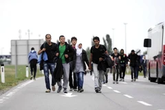 Dòng người tị nạn tại khu vực kiểm soát ở biên giới Áo-Hungary, gần Nickeldorf. (Nguồn: AFP/TTXVN)