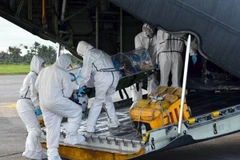Vận chuyển một bệnh nhân nghi nhiễm virus Ebola ở Sierra Leone bằng máy bay. (Nguồn: AFP)
