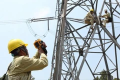 Công nhân Công ty truyền tải điện 2 bảo dưỡng đường dây 500kV Bắc-Nam đoạn qua Thừa Thiên-Huế. (Ảnh: Ngọc Hà/TTXVN)