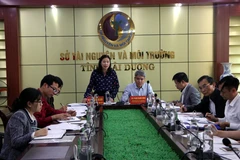 Phó Chủ tịch thường trực HĐND tỉnh Hải Dương Nguyễn Thị Ngọc Bích phát biểu tại buổi làm việc. (Ảnh: Mạnh Tú/TTXVN)