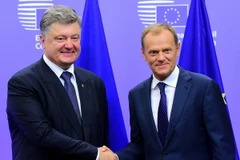 Chủ tịch Hội đồng châu Âu Donald Tusk (phải) có cuộc gặp với Tổng thống Ukraine Petro Poroshenko. (Nguồn: AFP/TTXVN)