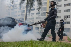 Phun thuốc diệt muỗi tại một khu dân cư ở quận Aljunied, Singapore. (Nguồn: EPA/TTXVN)