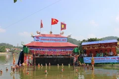 Tiết mục "Câu ếch" do phường rối nước Thanh Hải, huyện Thanh Hà biểu diễn. (Ảnh: Mạnh Minh/TTXVN) 