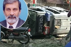 Thẩm phán Maqbool Baqar Hussain (ảnh nhỏ) và hiện trường vụ đánh bom. (Nguồn: thenewstribe.com)