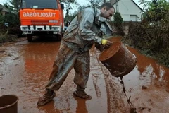 Thu dọn bùn từ vụ vỡ bể chứa. (Nguồn: AP)