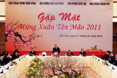 Phó Thủ tướng Thường trực Chính phủ Nguyễn Sinh Hùng phát biểu tại buổi gặp mặt mừng Xuân Tân Mão. (Ảnh: Nguyễn Dân/TTXVN)