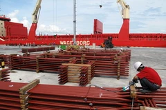 Đóng kiện sản phẩm tại cảng chuyên dụng của Doosan Vina. (Ảnh: Nguyễn Đăng Lâm/TTXVN)