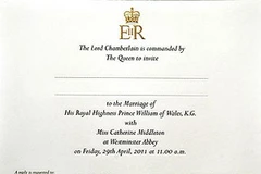 Thiếp mời dự lễ cưới của Hoàng tử William và Kate Middleton. (Nguồn: Internet)