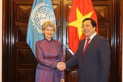 Thứ trưởng Nguyễn Thanh Sơn và Tổng giám đốc UNESCO Irina Bokova trước giờ hội đàm. (Ảnh: Dương Giang/TTXVN)