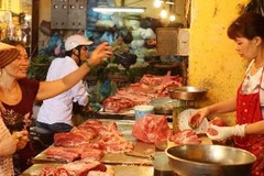 Gian hàng thịt lợn tại chợ Hôm-Đức Viên. (Ảnh: Trần Việt/TTXVN)