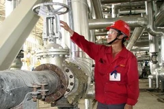 Cán bộ kỹ thuật kiểm tra trước khi hòa điện vào lưới điện quốc gia. (Ảnh: Vũ Văn Đức/TTXVN)