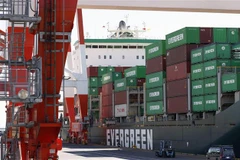 Container hàng hóa được xếp tại cảng ở Tokyo, Nhật Bản. (Ảnh: Kyodo/TTXVN)