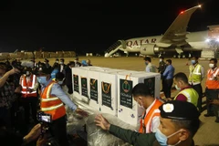 Lô vaccine phòng COVID-19 theo cơ chế COVAX được chuyển tới sân bay quốc tế Phnom Penh, ngày 2/3/2021. (Ảnh: THX/TTXVN)