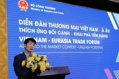 Vụ trưởng Vụ châu Âu-châu Mỹ (Bộ Công Thương) Tạ Hoàng Linh phát biểu. (Ảnh: Trần Việt/TTXVN)