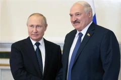 Tổng thống Nga Vladimir Putin (trái) và người đồng cấp Belarus Alexander Lukashenko tại cuộc gặp ở Saint Petersburg, ngày 25/6/2022. (Ảnh: AFP/TTXVN) 