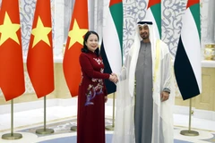 Tổng thống UAE Sheikh Mohamed bin Zayed đón Phó Chủ tịch nước Võ Thị Ánh Xuân. (Ảnh: Lâm Khánh/TTXVN)