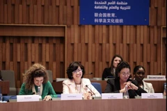 Đại sứ Lê Thị Hồng Vân (giữa), Trưởng Phái đoàn thường trực Việt Nam bên cạnh UNESCO, tham dự Đối thoại. (Ảnh: TTXVN phát)