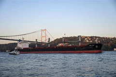 Tàu chở ngũ cốc của Ukraine di chuyển qua Eo biển Bosphorus ở Istanbul, Thổ Nhĩ Kỳ ra khu vực biển Marmara, ngày 2/11/2022. (Ảnh: AFP/TTXVN)