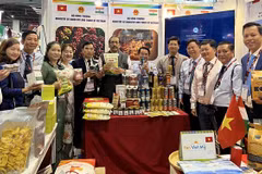 Ông Bùi Trung Thướng, Tham tán Thương vụ ĐSQ Việt Nam tại Ấn Độ cùng đoàn quan chức và doanh nghiệp tỉnh Đắk Lắk quảng bá sản phẩm tại Hội chợ Thương mại Quốc tế Ấn Độ 2022. (Ảnh: Ngọc Thúy/TTXVN)