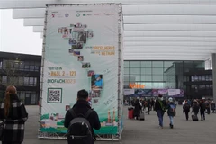 Hình ảnh đất nước Việt Nam được trưng bày ngay lối vào Trung tâm hội chợ Biofach 2023. (Ảnh: TTXVN phát)