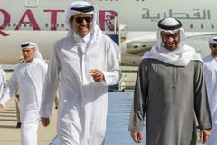 Tổng thống UAE Sheikh Mohammed bin Zayed và Quốc vương Qatar Sheikh Tamim bin Hamad Al Thani tại Abu Dhabi, ngày 28/1. (Nguồn: UAE Presidential Court)