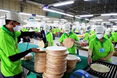 Công nhân làm thớt gỗ xuất khẩu tại Công ty cổ phần chế biến Gỗ Đức Thành, quận Gò Vấp, Thành phố Hồ Chí Minh trở lại làm việc sau Tết. (Ảnh: Hồng Đạt/TTXVN)