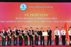 Phó Thủ tướng Thường trực Trương Hòa Bình trao Huân chương Lao động hạng Nhất cho Tập đoàn Cao su Việt Nam. (Ảnh: K GỬIH-TTXVN)