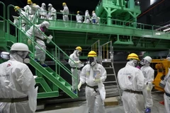 Các kỹ thuật viên hoàn tất công tác chuẩn bị trước khi di dời các thanh nhiên liệu ở nhà máy Fukushima 1. (Nguồn: AFP/TTXVN)