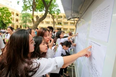 Thí sinh làm thủ tục dự thi tại điểm thi trường Trung học phổ thông Việt Đức. (Ảnh: Lê Minh Sơn/Vietnam+) 