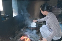 Bất chấp cái nóng mùa Hè 40 độ C ngoài trời, hay 50-60 độ C cạnh bếp lò, người dân Tân An vẫn miệt mài tráng bánh. (Ảnh: Xuân Mai/Vietnam+)