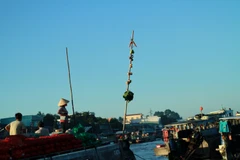 Cây bẹo thay cho biển quảng cáo các mặt hàng nông sản. (Ảnh: Xuân Mai/Vietnam+)