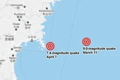 Vị trí trận động đất ngày 7/4 và trận động đất 9 độ ngày 11/3 (Nguồn: CNN)