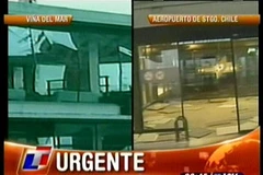 Hình ảnh về những tòa nhà bị phá hủy ở Vina el Mar (trái) và sân bay ở Santiago (phải) sau trận động đất - Ảnh chụp qua kênh truyền hình TN của Argentina. (Ảnh: AFP/TTXVN)