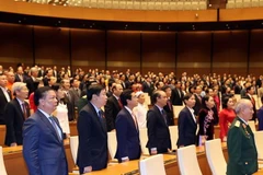 Các đại biểu thực hiện nghi lễ chào cờ tại một phiên họp. (Ảnh: Thống Nhất/TTXVN)