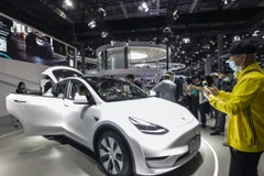 Mẫu xe Tesla Model Y được triển lãm tại Trung Quốc hồi tháng 4. (Nguồn: Bloomberg)