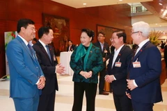 Ủy viên Bộ Chính trị, Chủ tịch Quốc hội Nguyễn Thị Kim Ngân và các đại biểu trao đổi bên lề phiên họp sáng 29/1. (Ảnh: TTXVN)