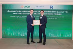 Ông Lê Thanh Quý Ngọc – Giám đốc khối Quản lý Rủi ro OCB nhận giấy chứng nhận hoàn thành triển khai và áp dụng nền tảng quản lý vốn theo Basel II nâng cao từ Moody’s Analytic . (Ảnh: Vietnam+)