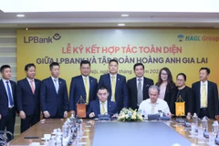 Ông Hồ Nam Tiến - Phó Chủ tịch HĐQT - Tổng Giám đốc LPBank (bên trái) và ông Đoàn Nguyên Đức - Chủ tịch HĐQT HAGL Group (bên phải) thực hiện ký kết hợp tác. (Ảnh: PV/Vietnam+)