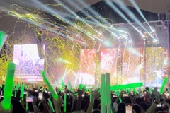 Sân vận động sáng rực sắc xanh thịnh vượng của hàng nghìn thanh led phát sáng. (Ảnh: Vietnam+)