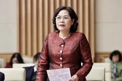 Thống đốc Ngân hàng Nhà nước Nguyễn Thị Hồng báo cáo tại Hội nghị. (Ảnh: PV/Vietnam+) 