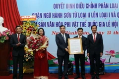Chủ tịch UBND thành phố Đà Nẵng Lê Trung Chinh trao quyết định điều chỉnh phân loại đơn vị hành chính quận Ngũ Hành Sơn từ loại II lên loại I. (Ảnh: Trần Lê Lâm/TTXVN)
