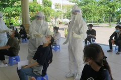 Thí sinh được xét nghiệm sàng lọc SARS-CoV-2 bằng mẫu gộp. (Ảnh: Xuân Triệu/TTXVN)