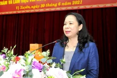 Phó Chủ tịch nước Võ Thị Ánh Xuân phát biểu chúc mừng Đảng bộ, chính quyền, nhân dân các dân tộc Hà Giang. (Nguồn: baohagiang)