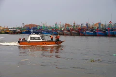 Bộ chỉ huy Bộ đội Biên phòng tỉnh Bình Định kêu gọi ngư dân neo đậu tàu thuyền để tránh bão số 6. (Ảnh: Nguyên Linh/TTXVN)